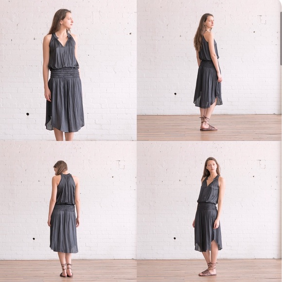 ULLA JOHNSON Cleo Satin Midi Smocked Dress Noir